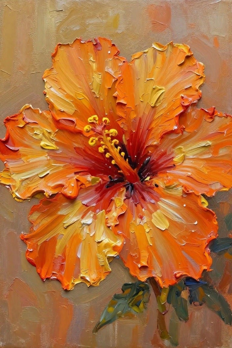 Thickly textured orange hibiscus with red-yellow petals in impasto oil painting style