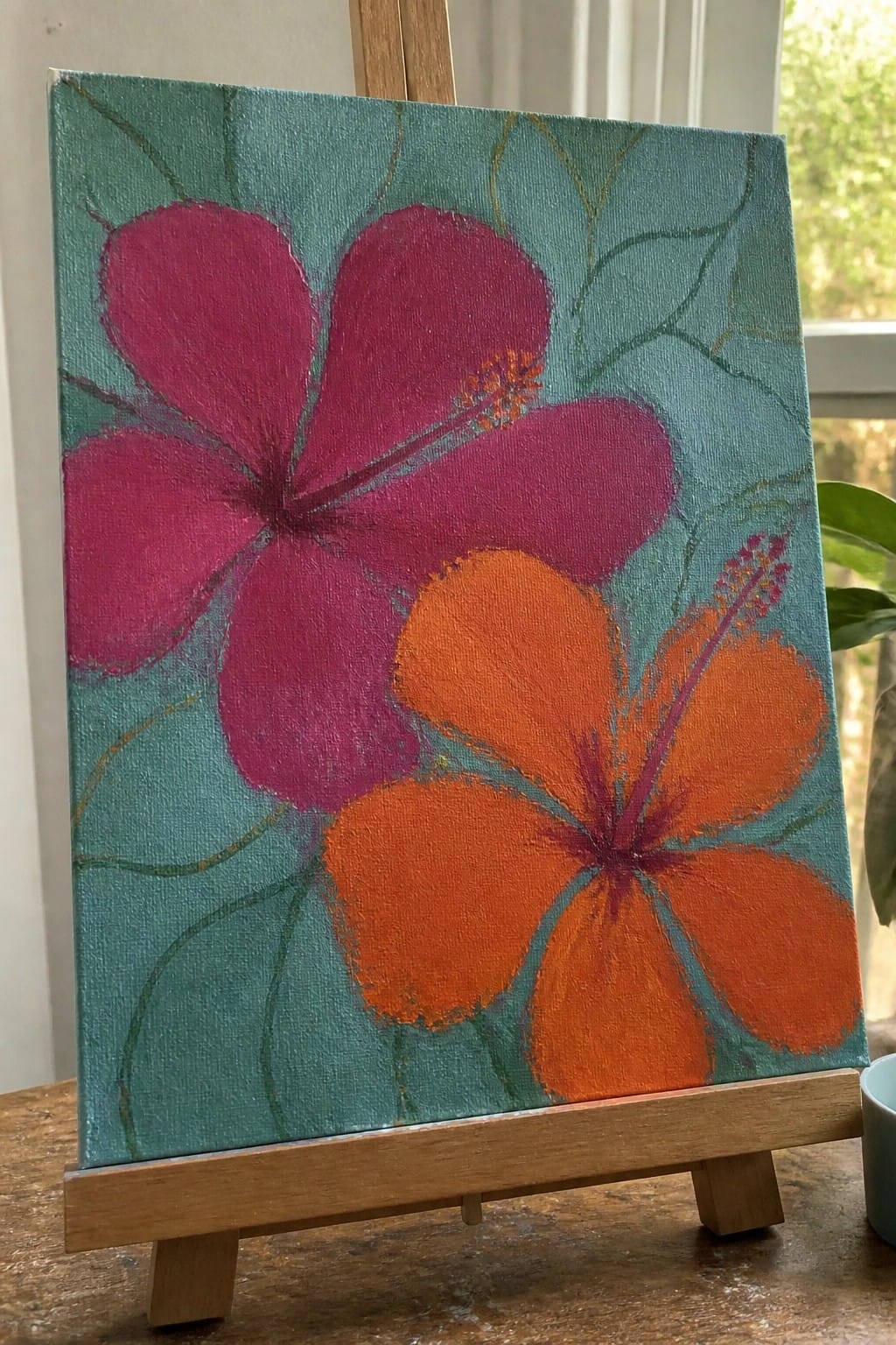 Oil painting of three large hibiscus flowers in magenta and orange on a teal background with green leaf outlines.