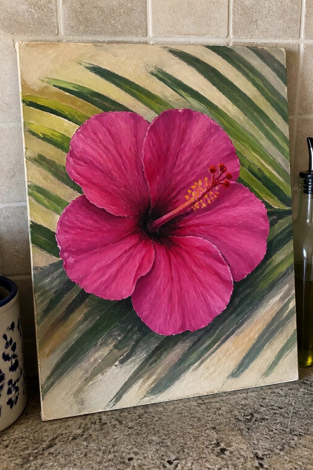 Vibrant pink hibiscus flower painting with yellow stamens and green leaves