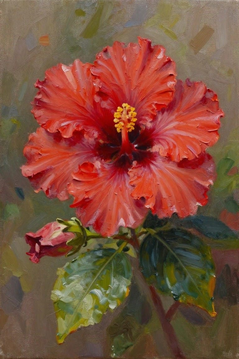 Vivid red hibiscus bloom with yellow stamens, green leaves, and bud in oil painting