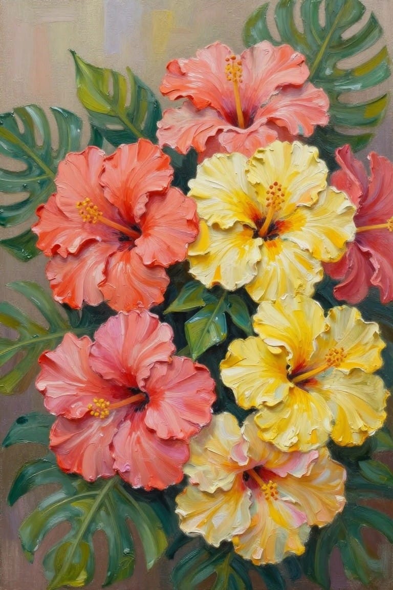 Vibrant oil painting of pink, red, and yellow hibiscus flowers with green leaves.