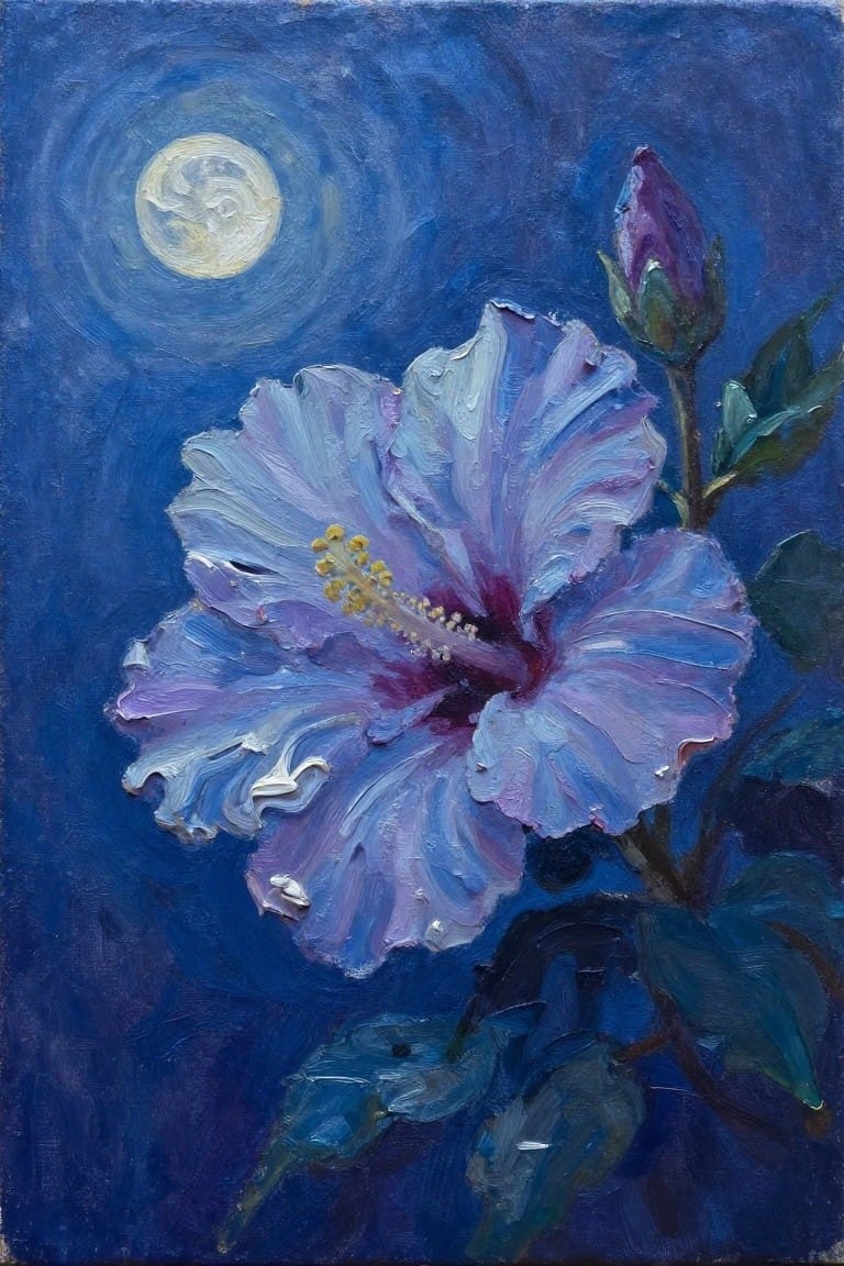 Impasto oil painting of blue-purple hibiscus blooming under a glowing full moon