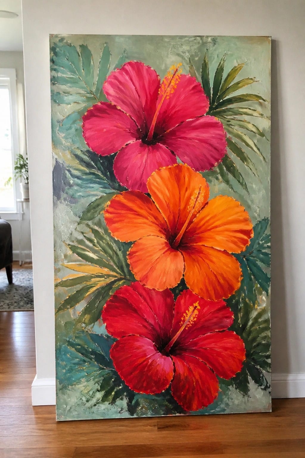 Vibrant painting of three red and orange hibiscus flowers with green tropical leaves.