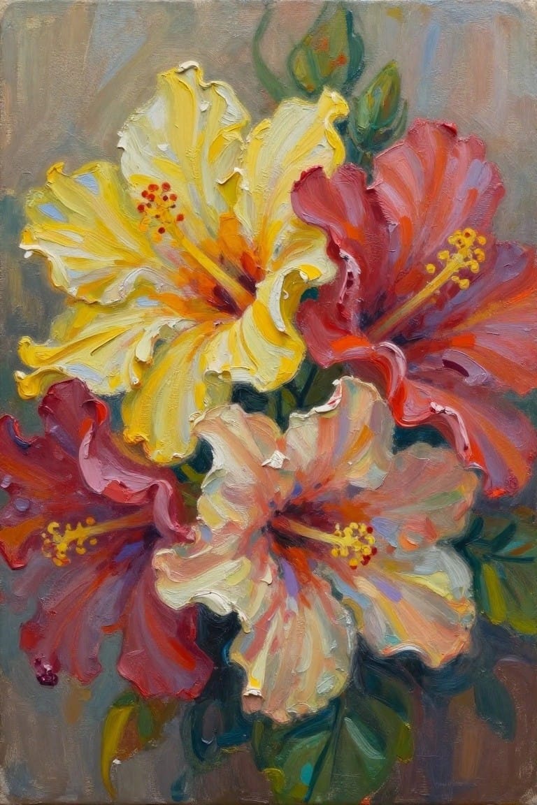 Vibrant oil painting of red, yellow, and pink hibiscus blooms with textured brushstrokes