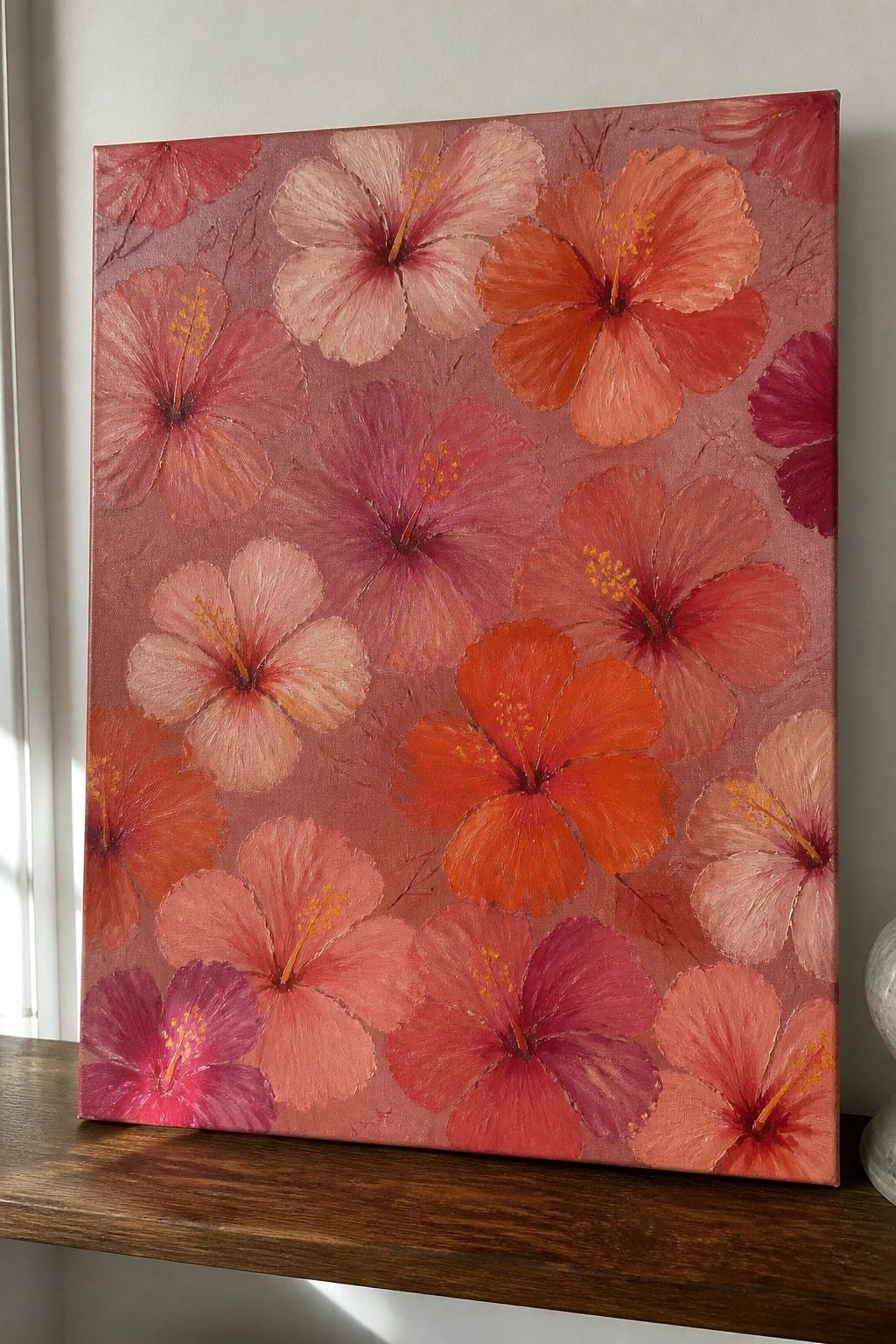 Textured canvas painting of overlapping pink, red, and orange hibiscus flowers