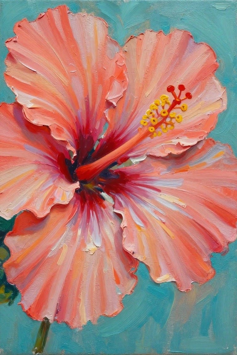 Vibrant coral hibiscus bloom with yellow stamens on textured teal background in oil paint