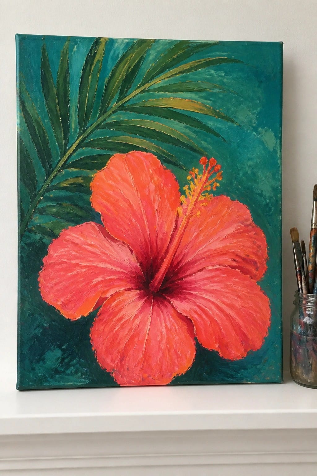 Red hibiscus flower painting on teal canvas with green leaves beside paintbrushes.