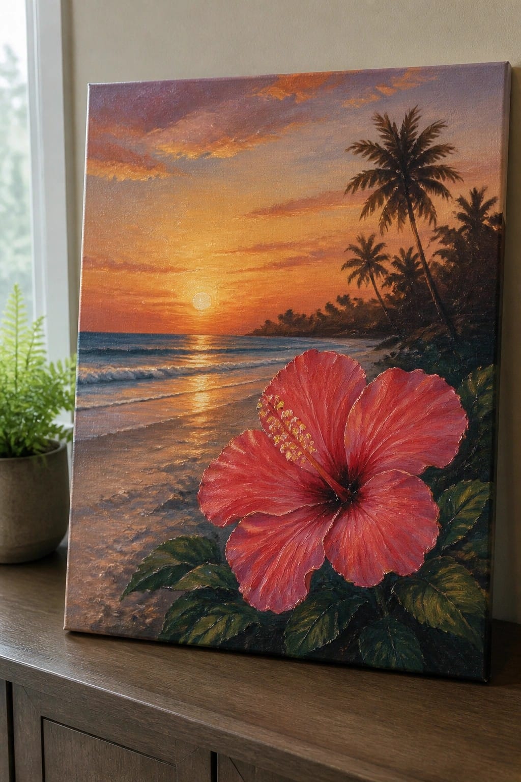 Vibrant red hibiscus flower on tropical beach sunset with palm trees and ocean waves