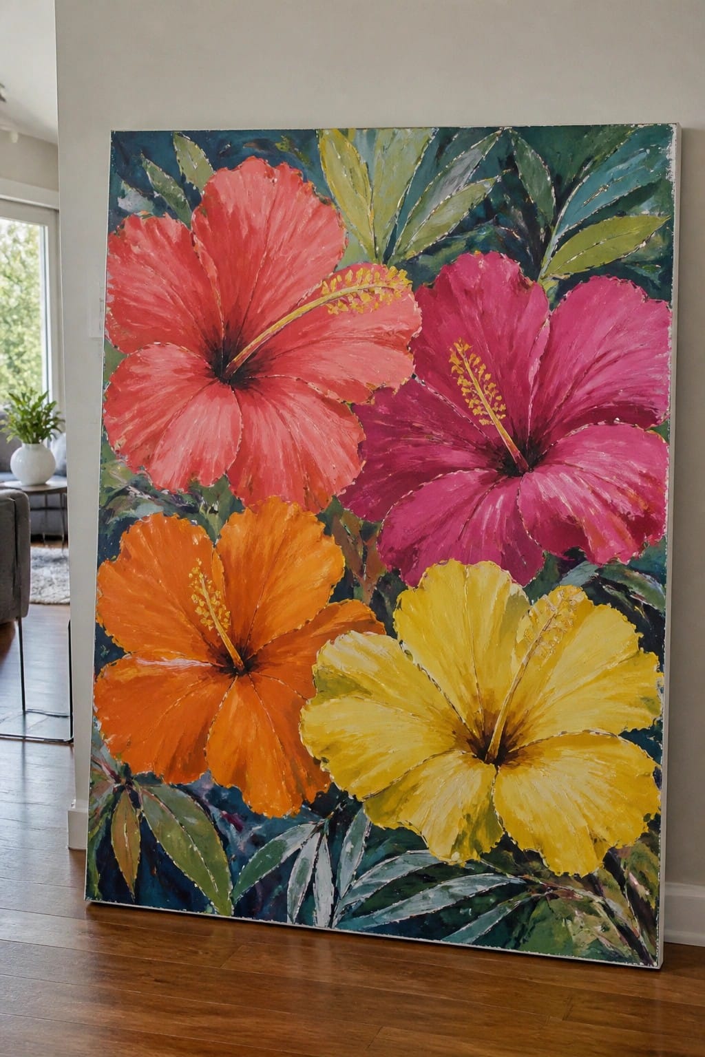 Large canvas painting of four vibrant hibiscus flowers in red, pink, orange, and yellow.