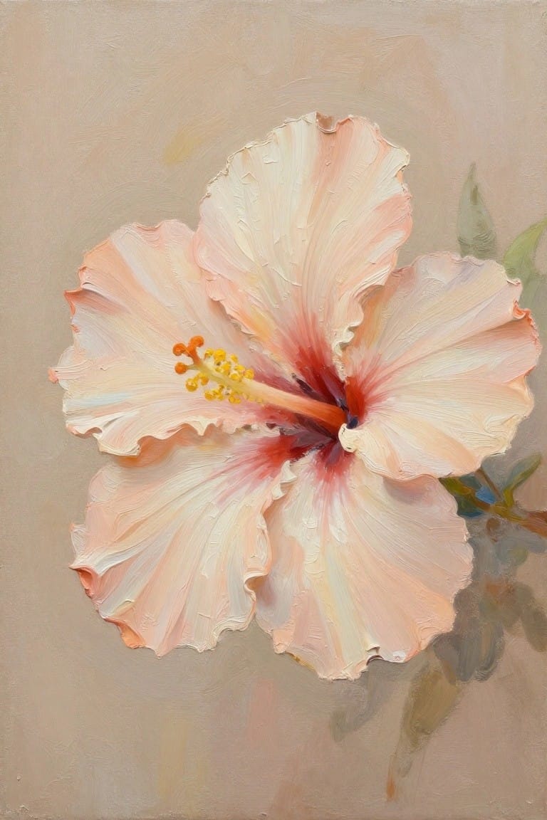 Peach-pink hibiscus bloom with yellow stamens in textured oil painting style.
