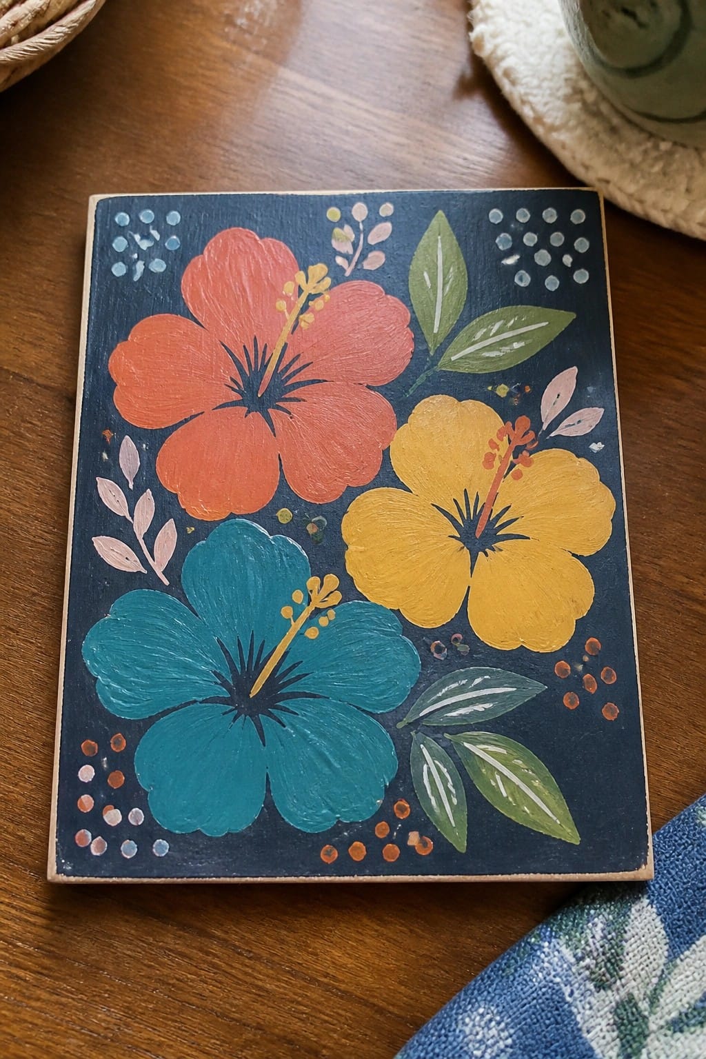 Vibrant hand-painted hibiscus flowers in coral, yellow, and teal on dark blue wood.