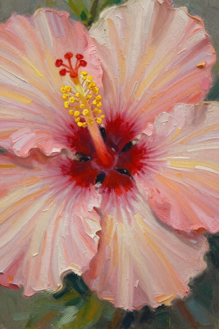 Pink hibiscus flower with red center and yellow stamens, thick oil painting brushstrokes