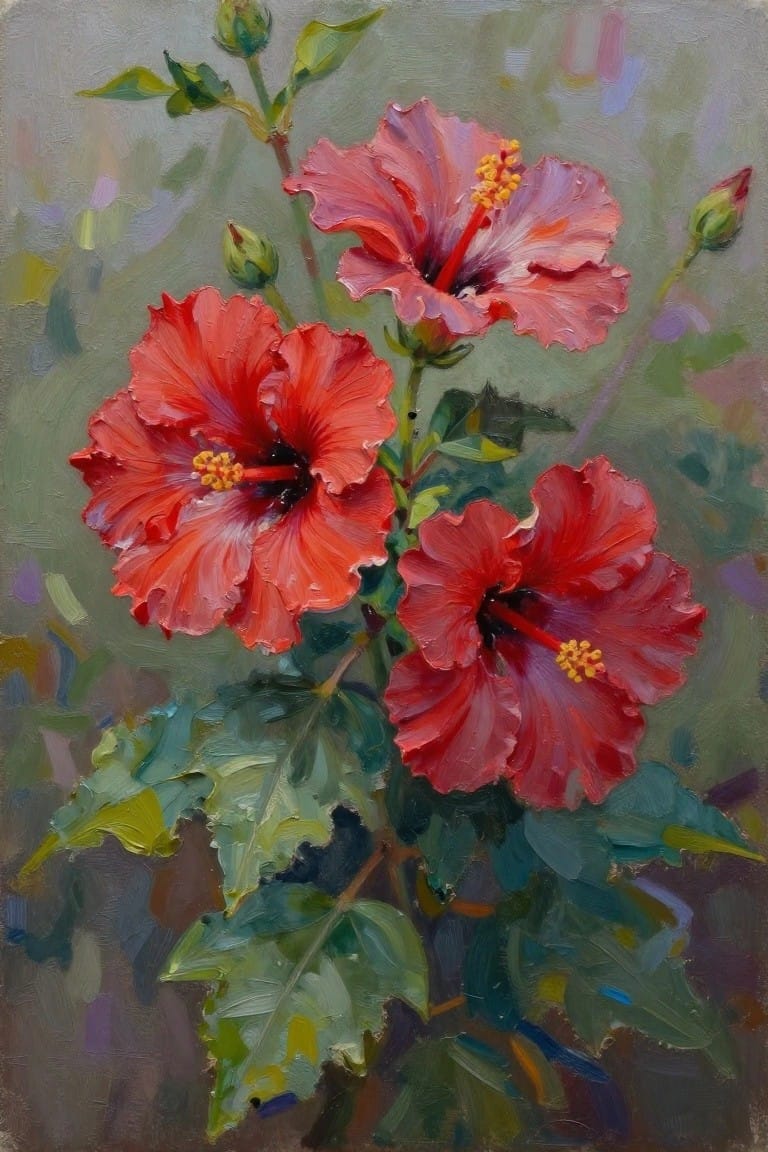 Vibrant red and pink hibiscus flowers with yellow centers amid green leaves and buds.