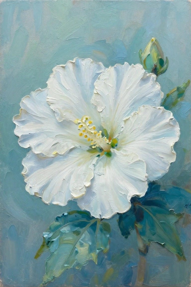 Oil painting of a large white hibiscus flower with a yellow center, one unopened bud, and green leaves against a soft blue-green background.