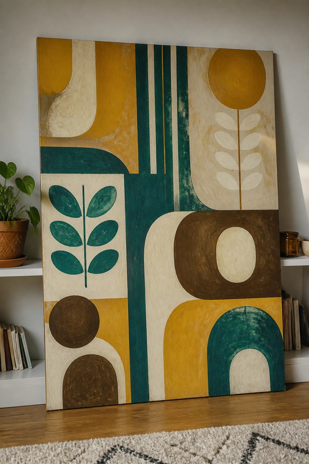 Large abstract painting with geometric shapes, leaves in yellow, teal, brown tones