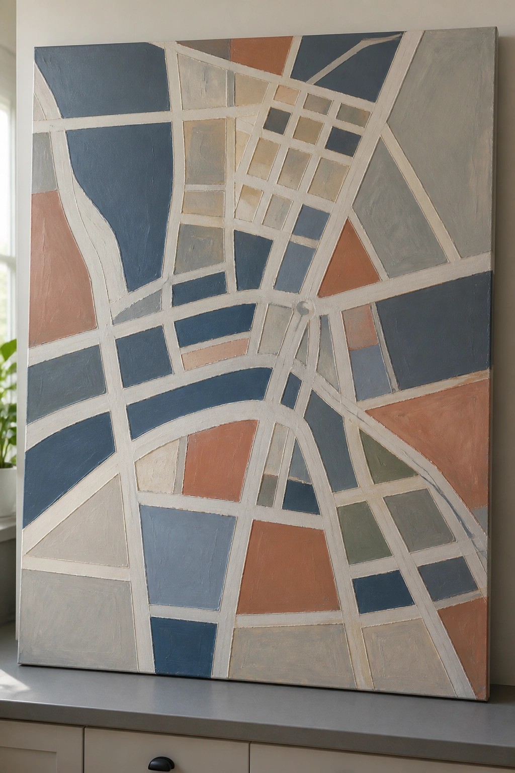 Abstract painting of city map with intersecting white lines and blue, orange, gray blocks