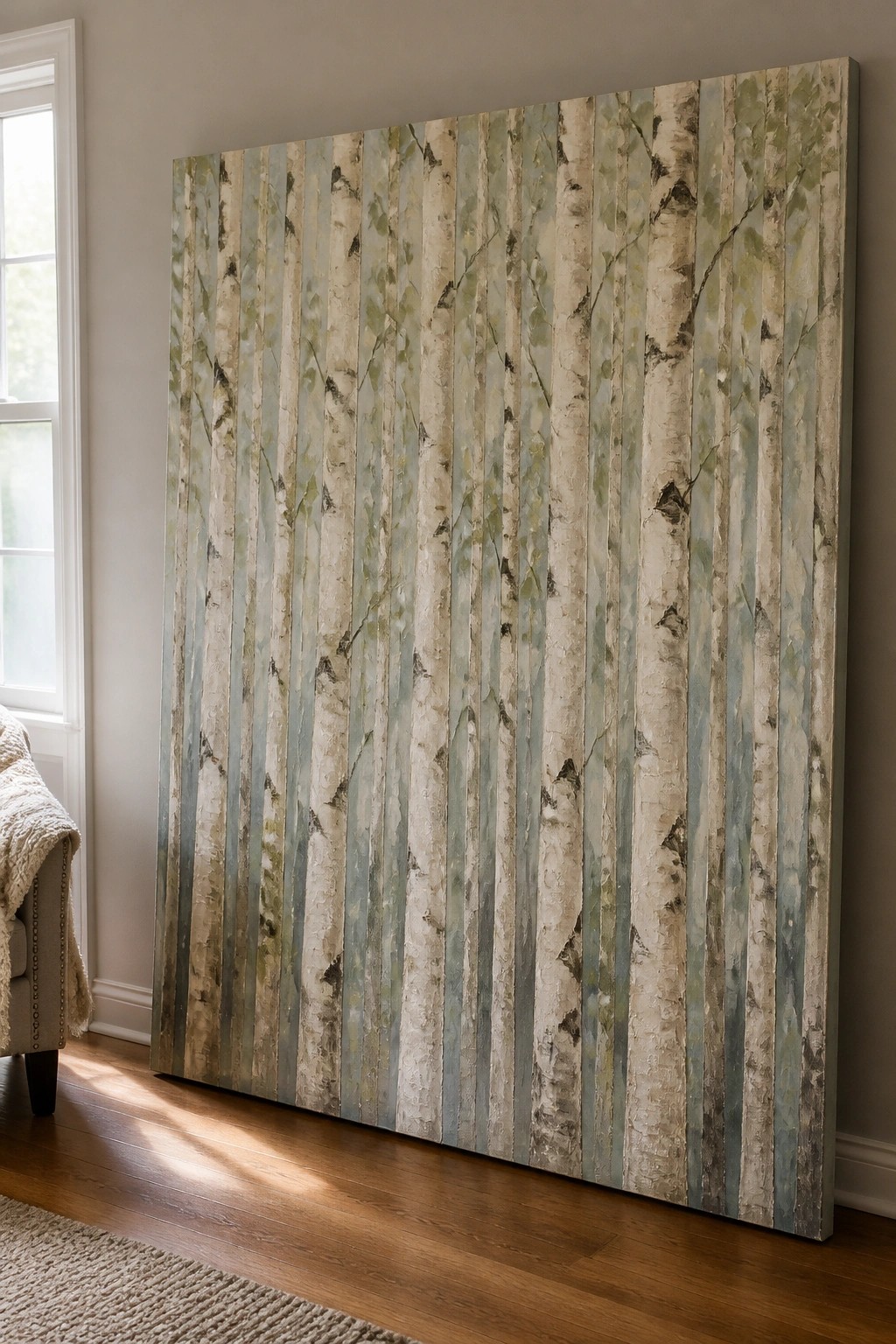 Large birch tree painting with textured bark leaning against wall on wood floor