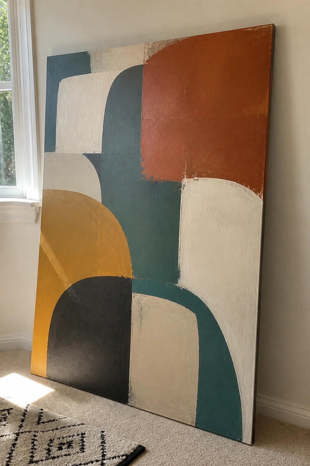 Large abstract painting with curved shapes in teal, rust, yellow, and black leaning on wall.