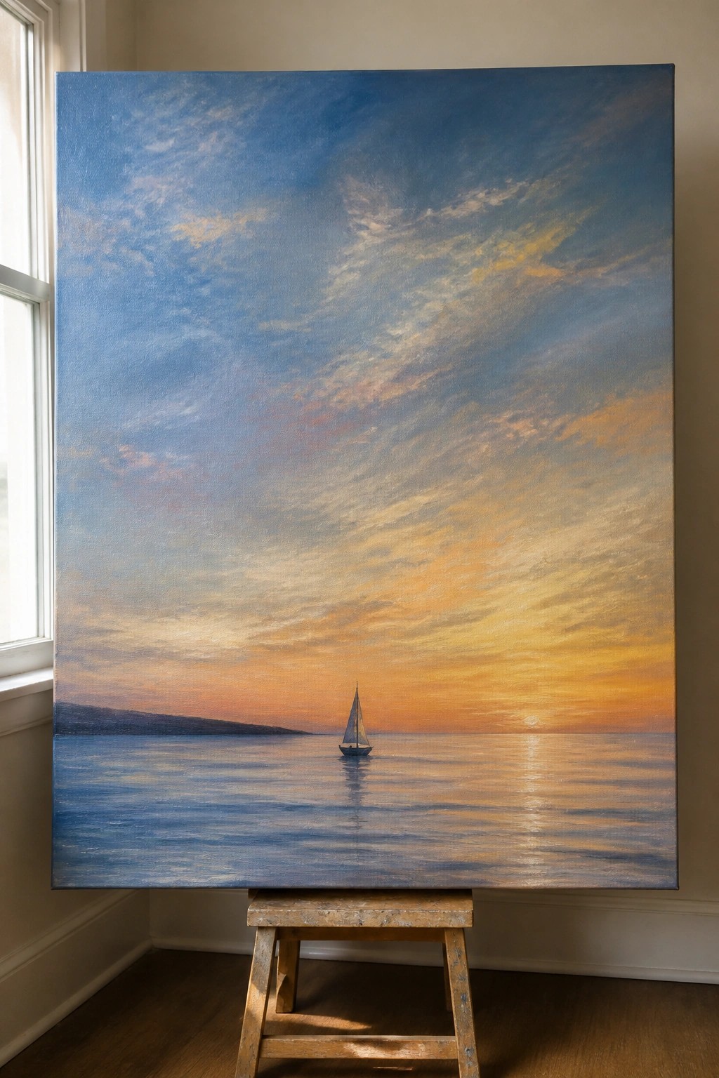 A large oil painting of a sailboat on calm water at sunset rests on a wooden easel in a room with a window on the left.