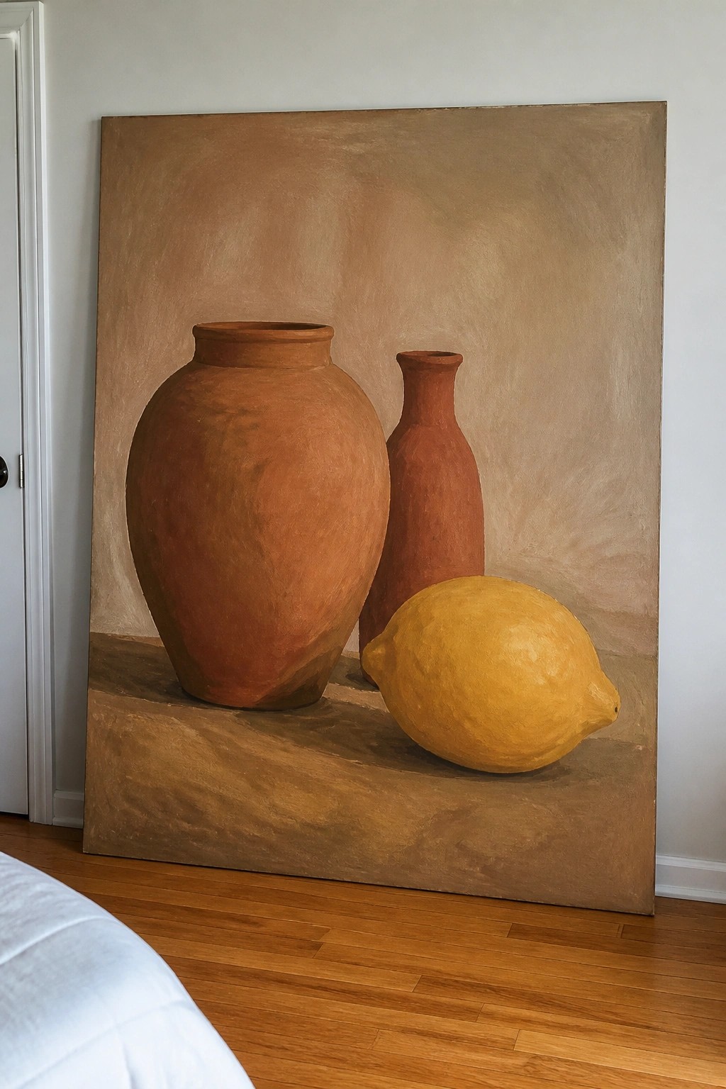 Large still life painting of two terracotta vases and a yellow lemon
