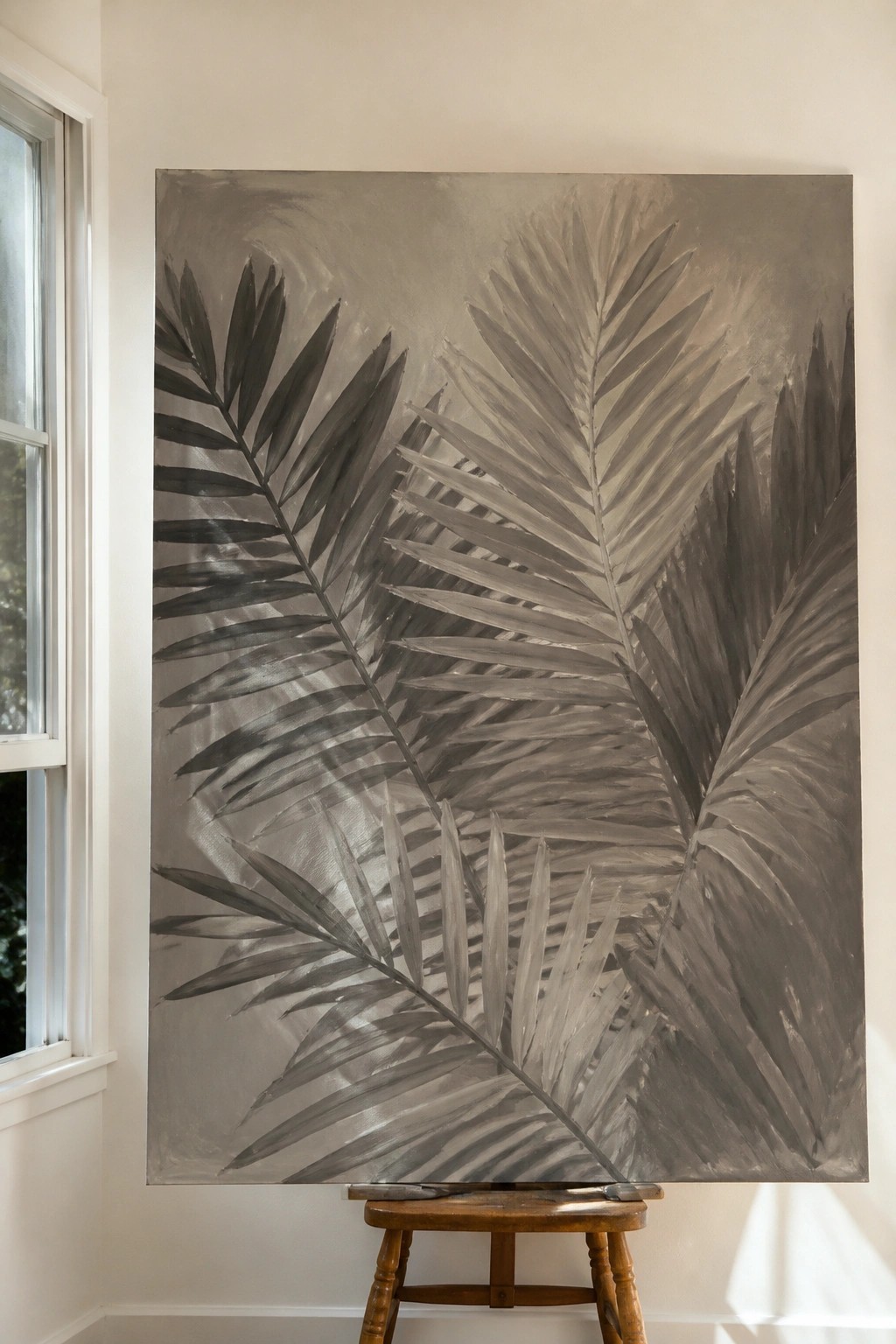 Large grayscale palm leaf painting on canvas resting on wooden stool by window