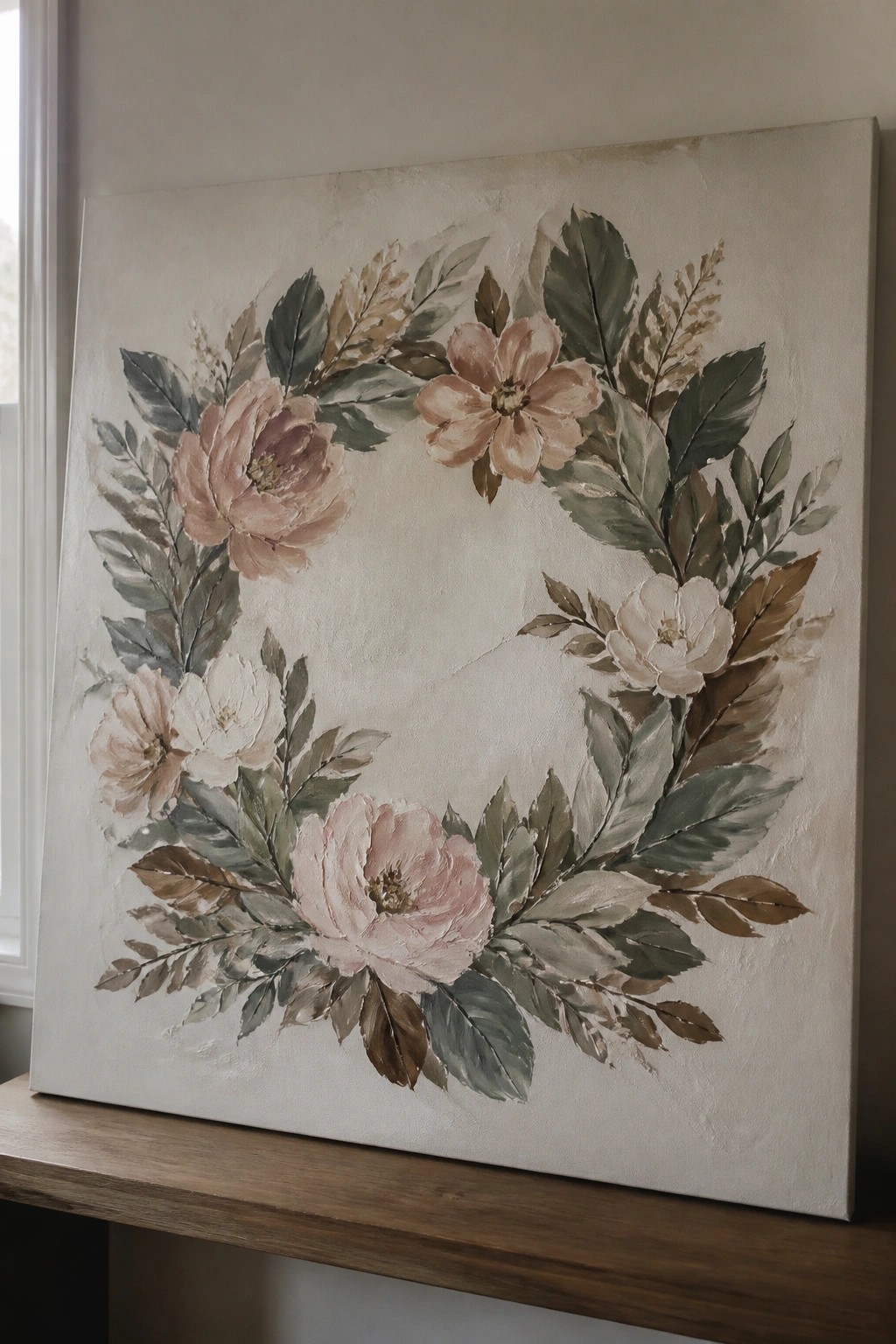 Floral wreath painting with pink and white flowers and green leaves on canvas