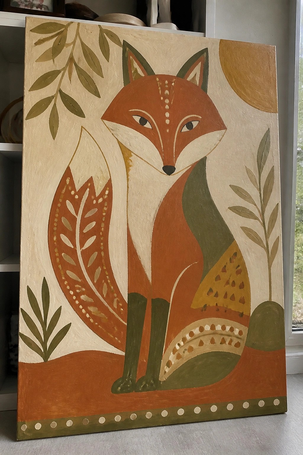 Stylized folk art painting of orange fox with patterned tail amid green leaves