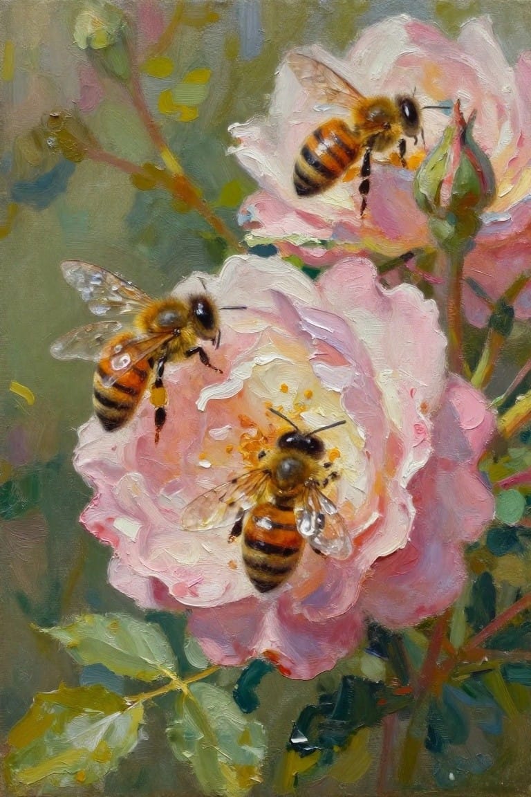 Three bees on pink roses with green foliage in oil painting style