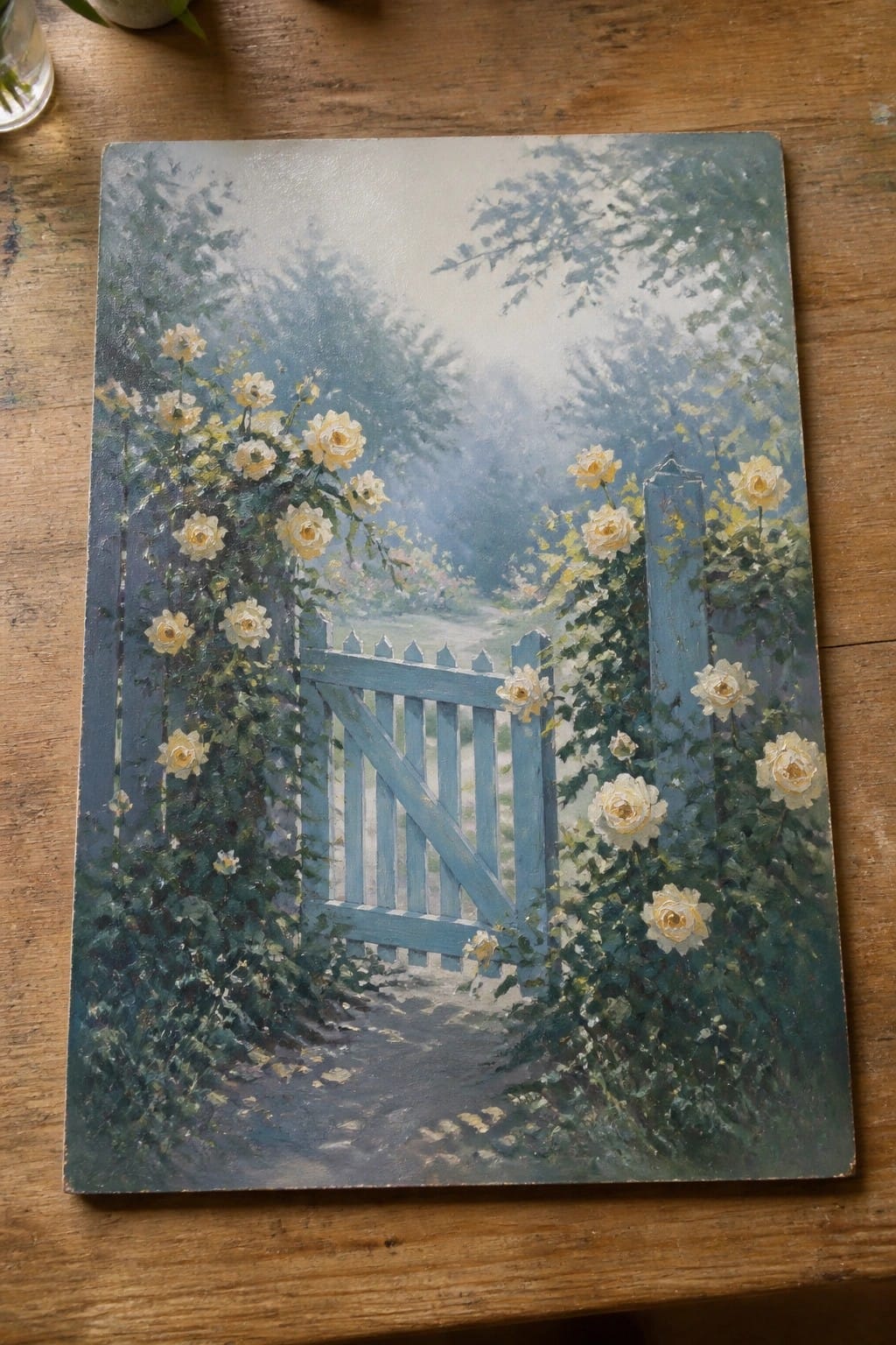 Blue wooden gate entwined with white and yellow roses, misty garden path beyond.