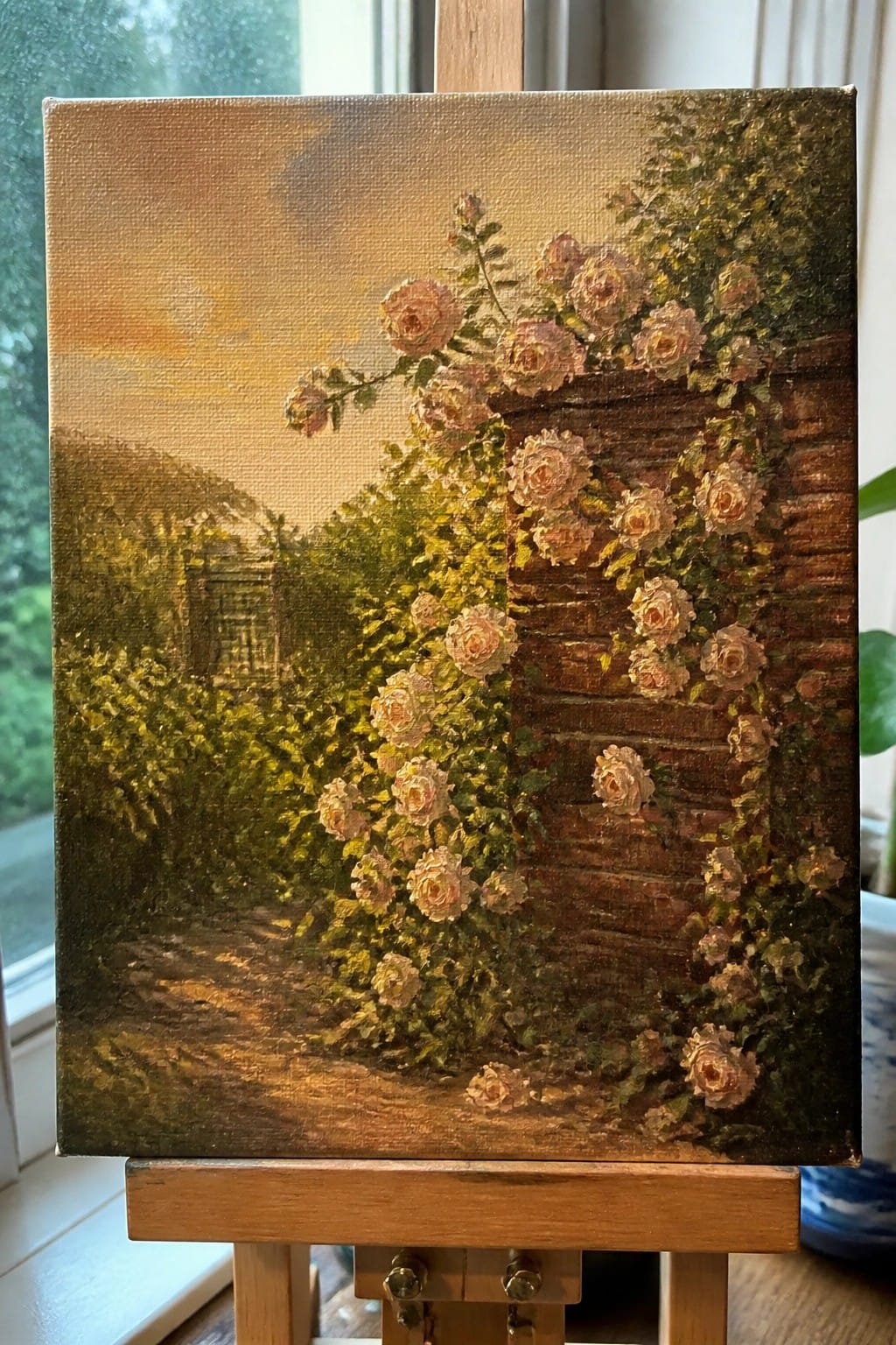 Oil painting of peach roses on brick wall by garden path at sunset on easel