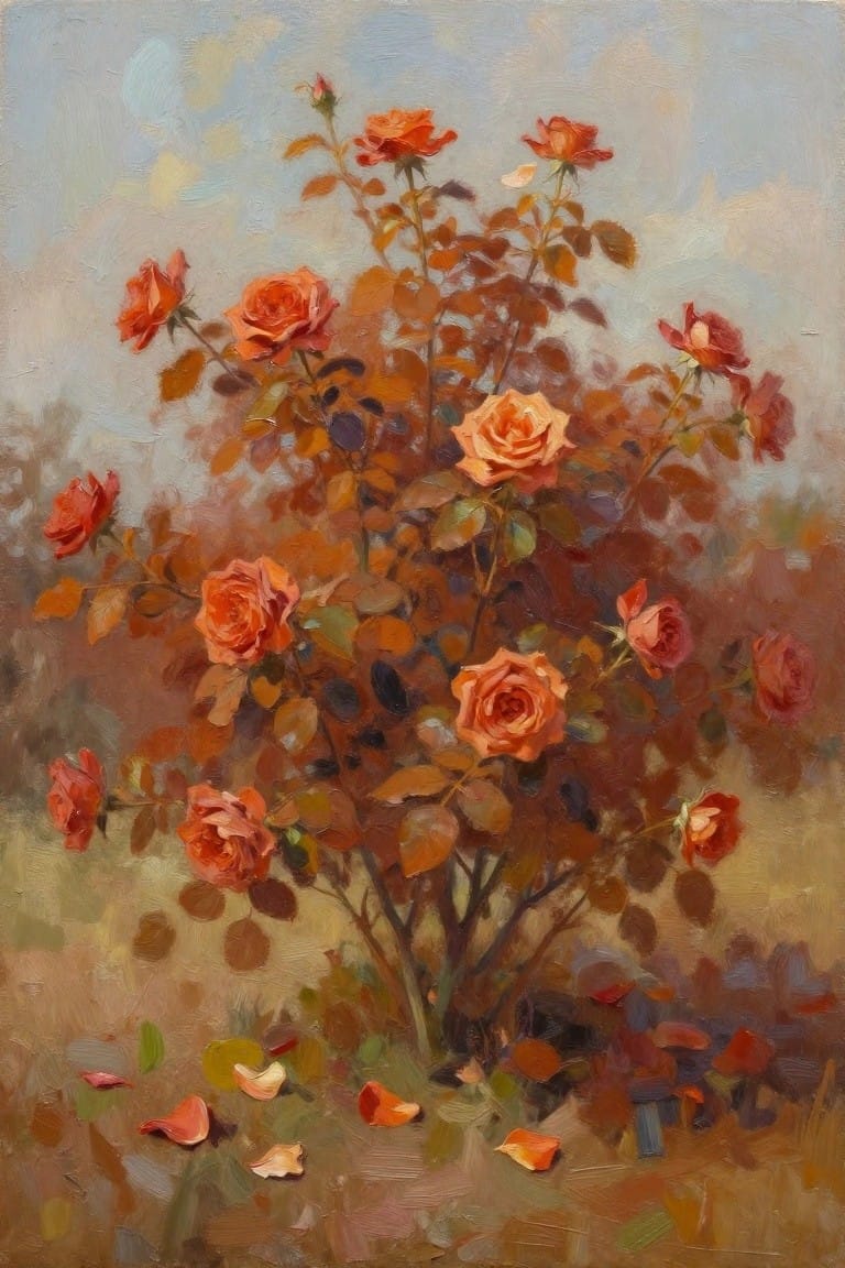 Vibrant orange roses blooming on a bush with scattered fallen petals in painterly style.