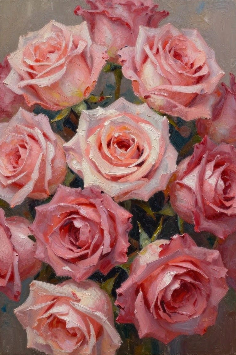 Textured oil painting of blooming pink roses in a lush bouquet