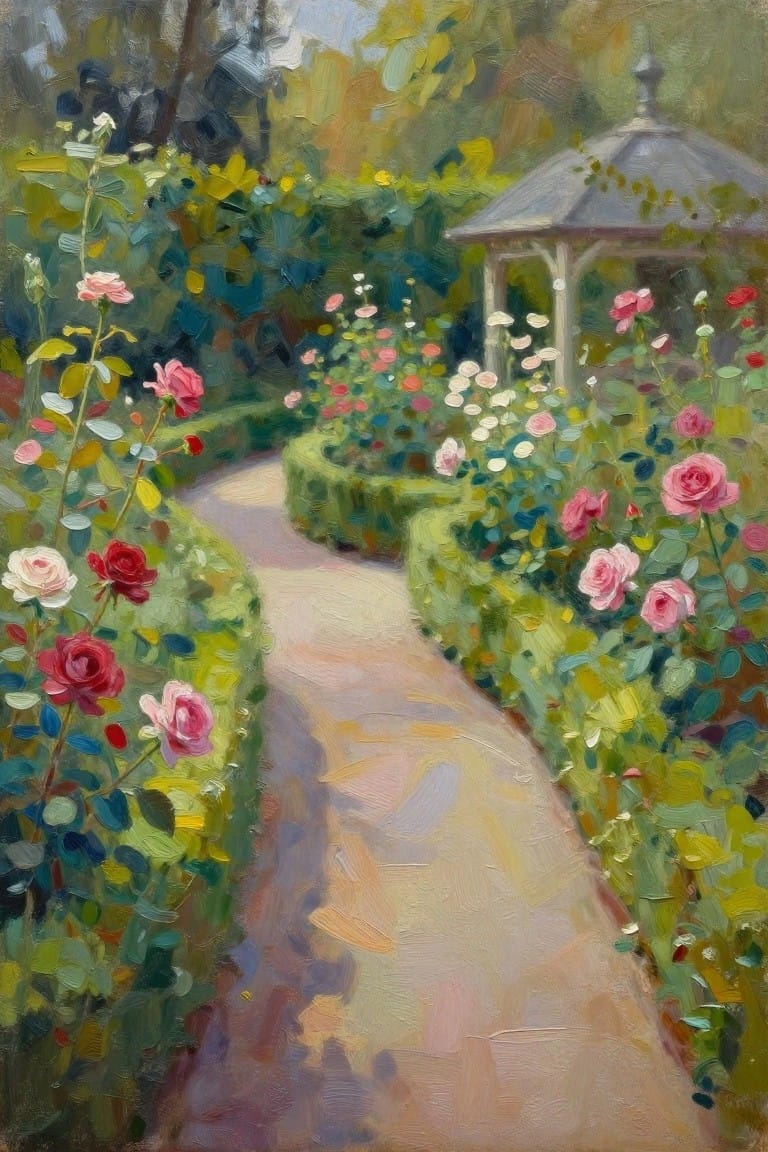 Colorful oil painting of roses blooming along a winding garden path to a gazebo