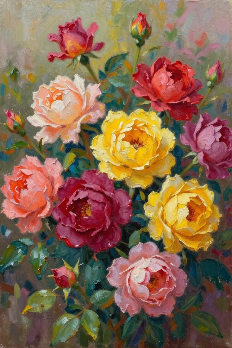 Vibrant oil painting of blooming roses in yellow, red, pink, and peach hues