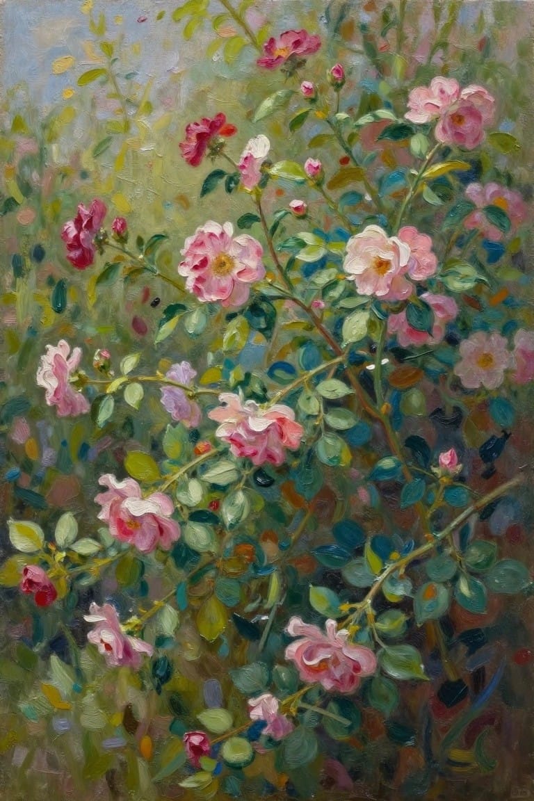 An oil painting of pink and red roses growing on leafy bushes with visible brushstrokes and a soft background.