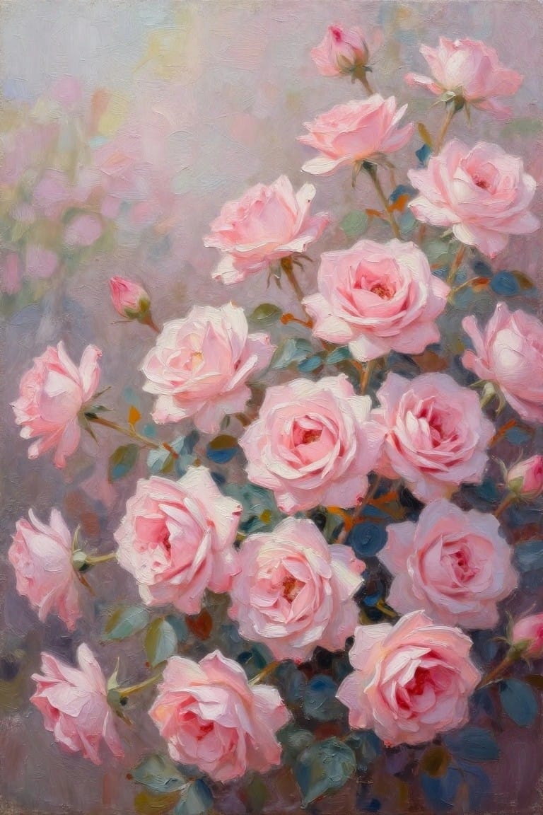 Lush cluster of blooming pink roses with green leaves in soft light