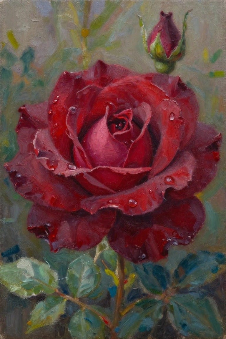 Deep red rose with glistening water droplets beside a bud and green leaves