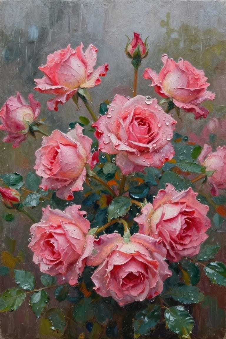 Vibrant pink roses with glistening water droplets on petals amid lush green leaves in oil painting