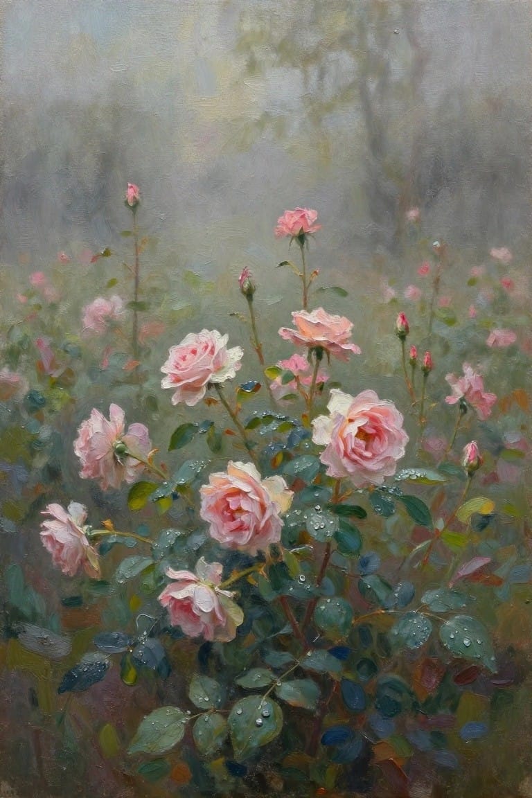 Dew-covered pink roses bloom amid misty green foliage in soft-focus garden painting