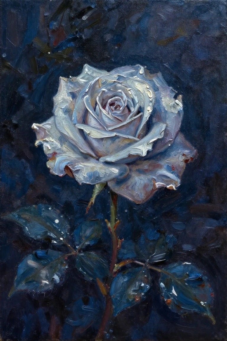 White rose with dewdrops and leaves on dark blue background in oil paint