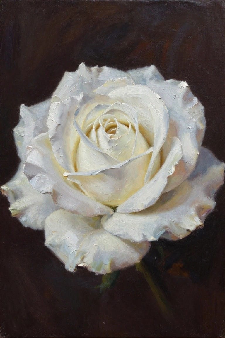 Thickly textured white rose with layered petals against a dark background.