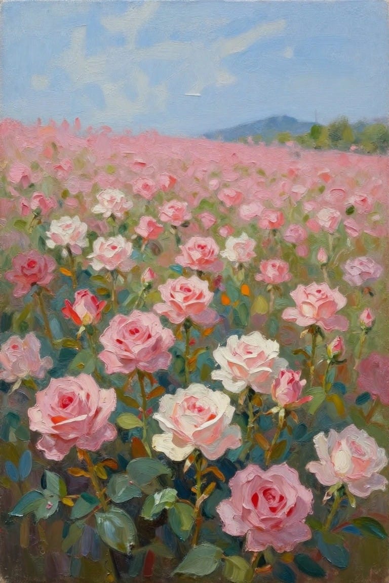 An oil painting of a large field filled with pink and white roses under a blue sky with distant hills.