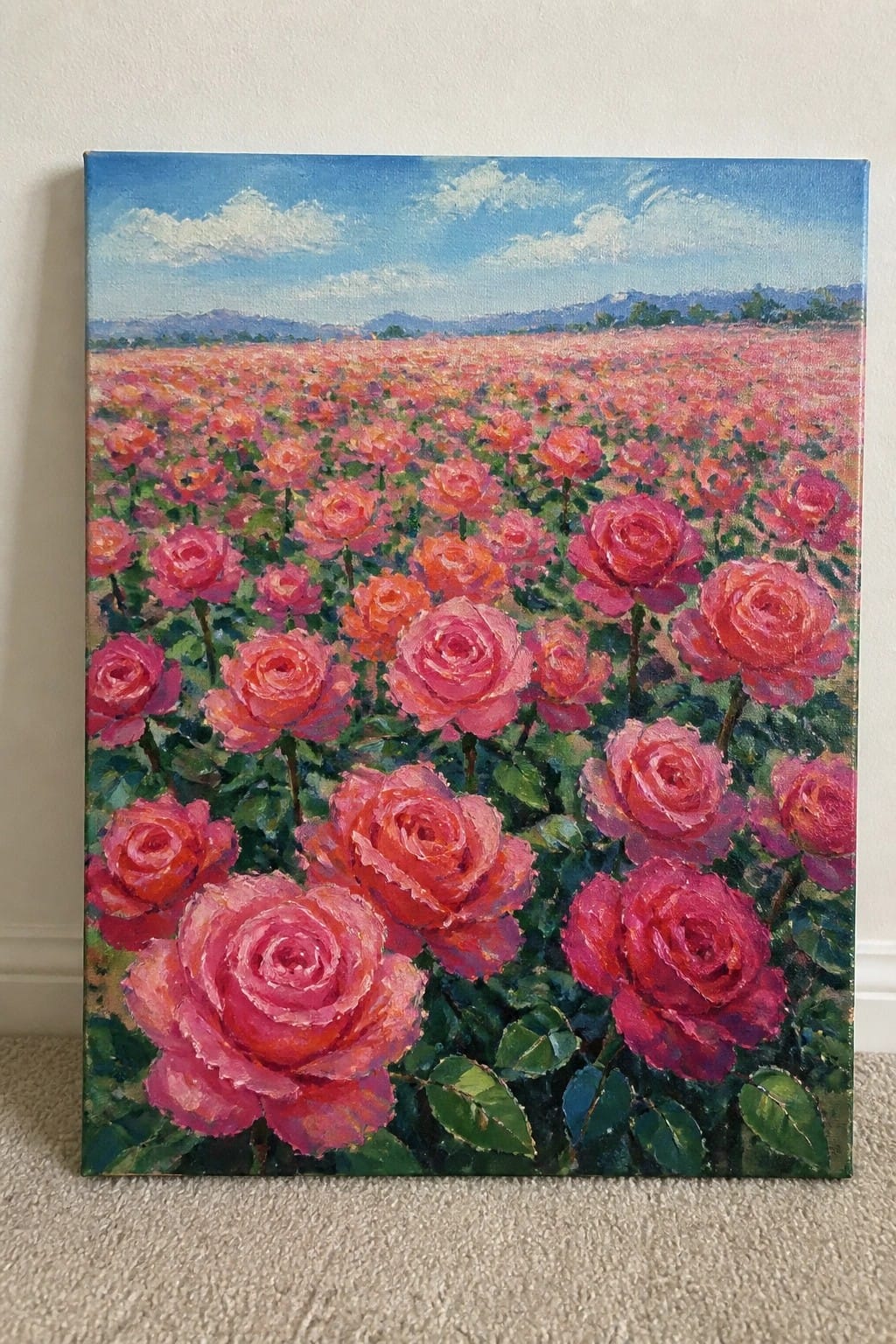 Vibrant oil painting of blooming pink roses filling a field under a blue sky with mountains.