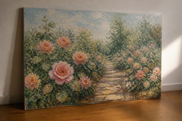 24 Vibrant Rose Garden Oil Painting Ideas for Lush Seasonal Artwork Pink roses blooming along a winding garden path under a bright blue sky