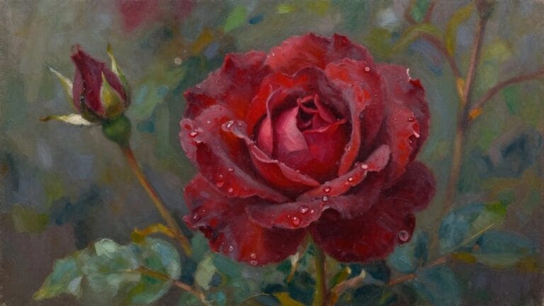 24 Vibrant Rose Garden Oil Painting Ideas for Lush Seasonal Artwork Deep red rose with glistening water droplets beside a bud and green leaves