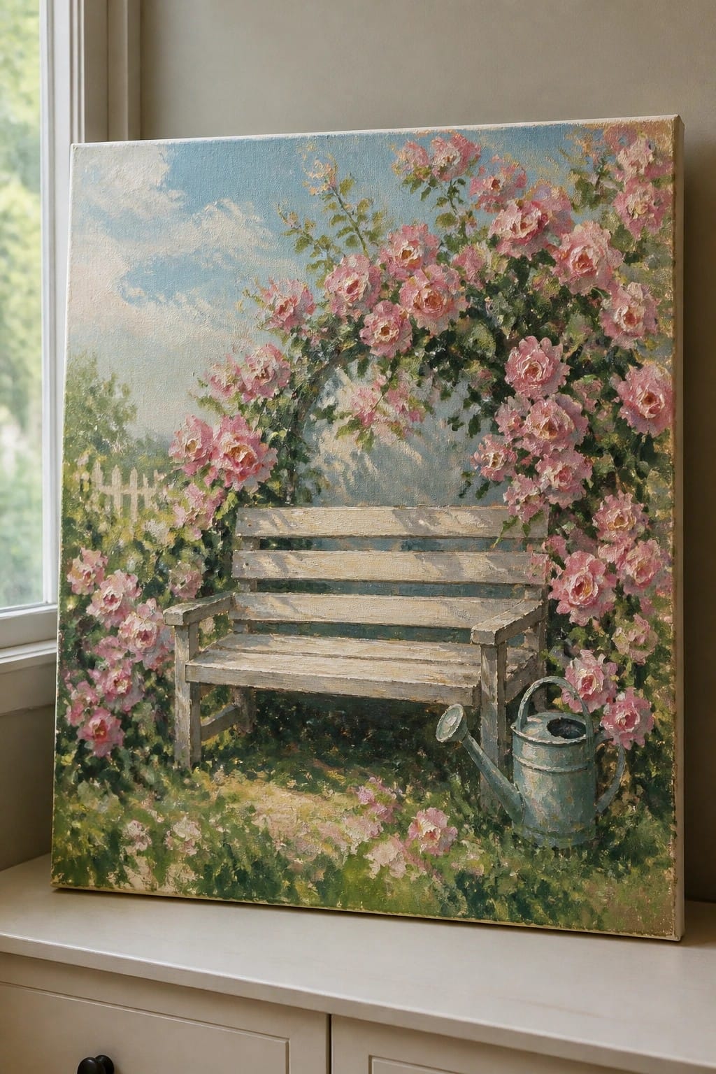 Oil painting of a wooden garden bench with pink roses arching over it and a blue watering can on the grass beside the bench.