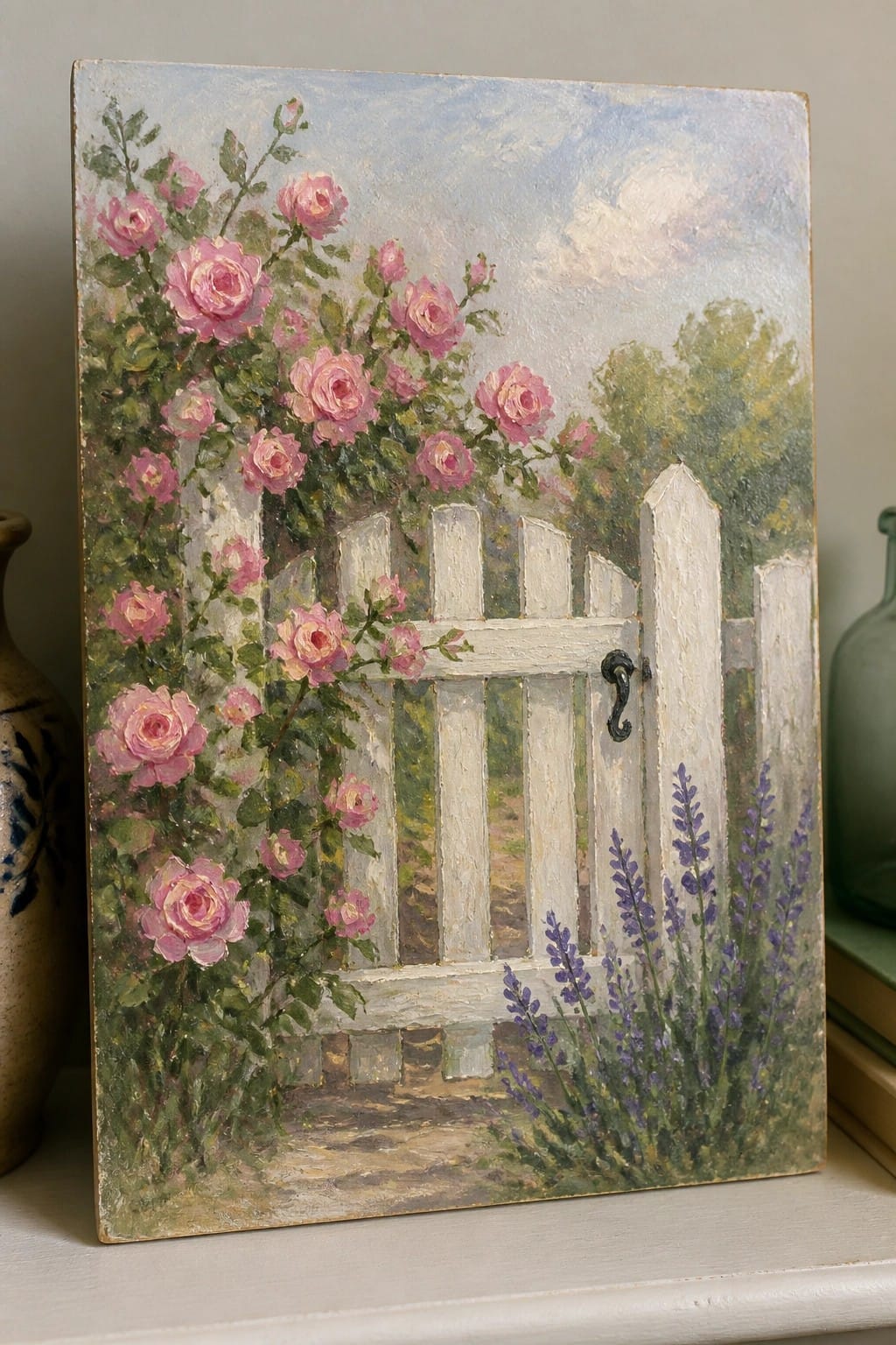 Impressionist painting of white picket gate with pink roses and purple lavender
