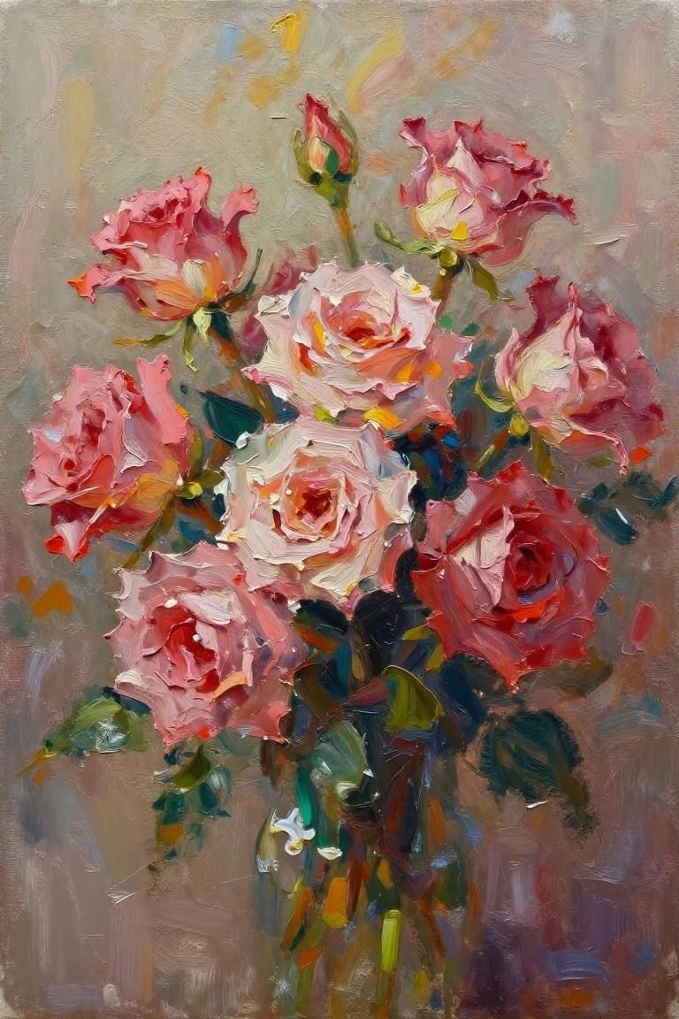 Textured oil painting of blooming pink and red roses with green leaves