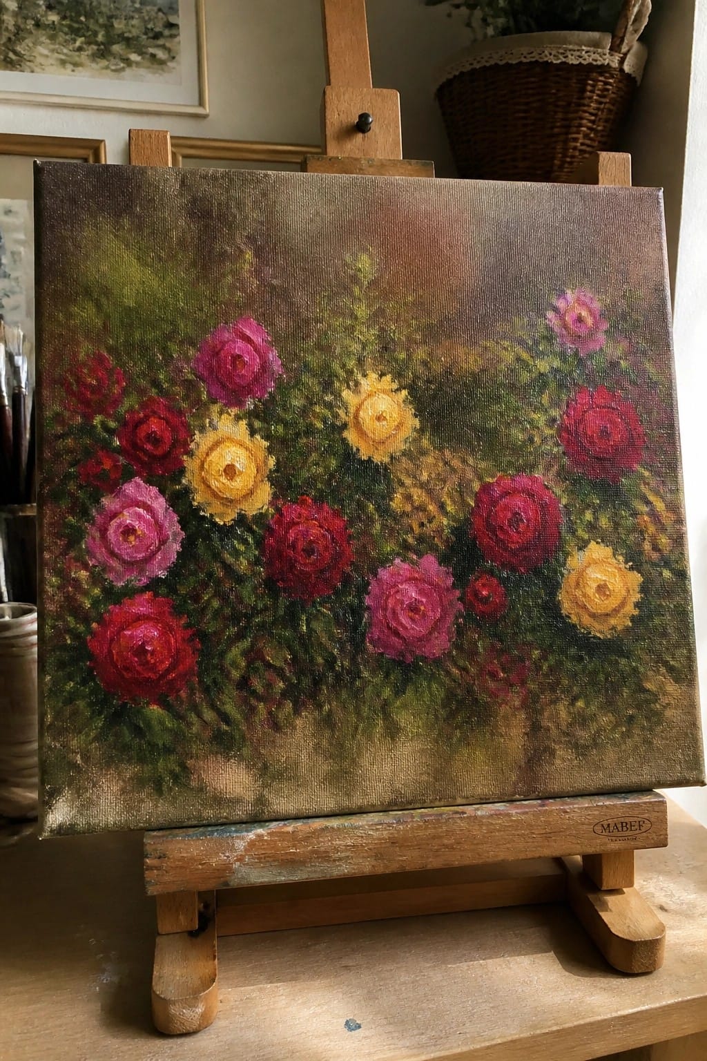 Vibrant oil painting of red, pink, and yellow roses on wooden easel.