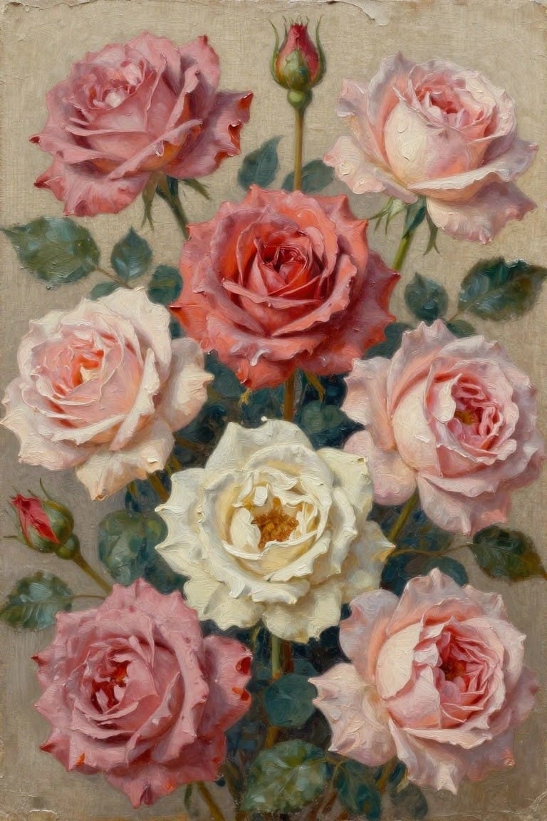 Oil painting of blooming pink, red, and white roses with green leaves and buds.